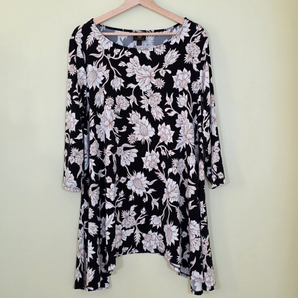 JM Collection Tunic Women 2X Black Beige Floral 3/4 Sleeve Shark Bite Whimsigoth